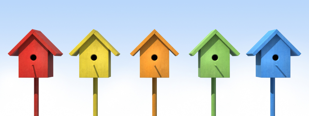 Different colored birdhouses signifying different, but equal, functions in HubSpot